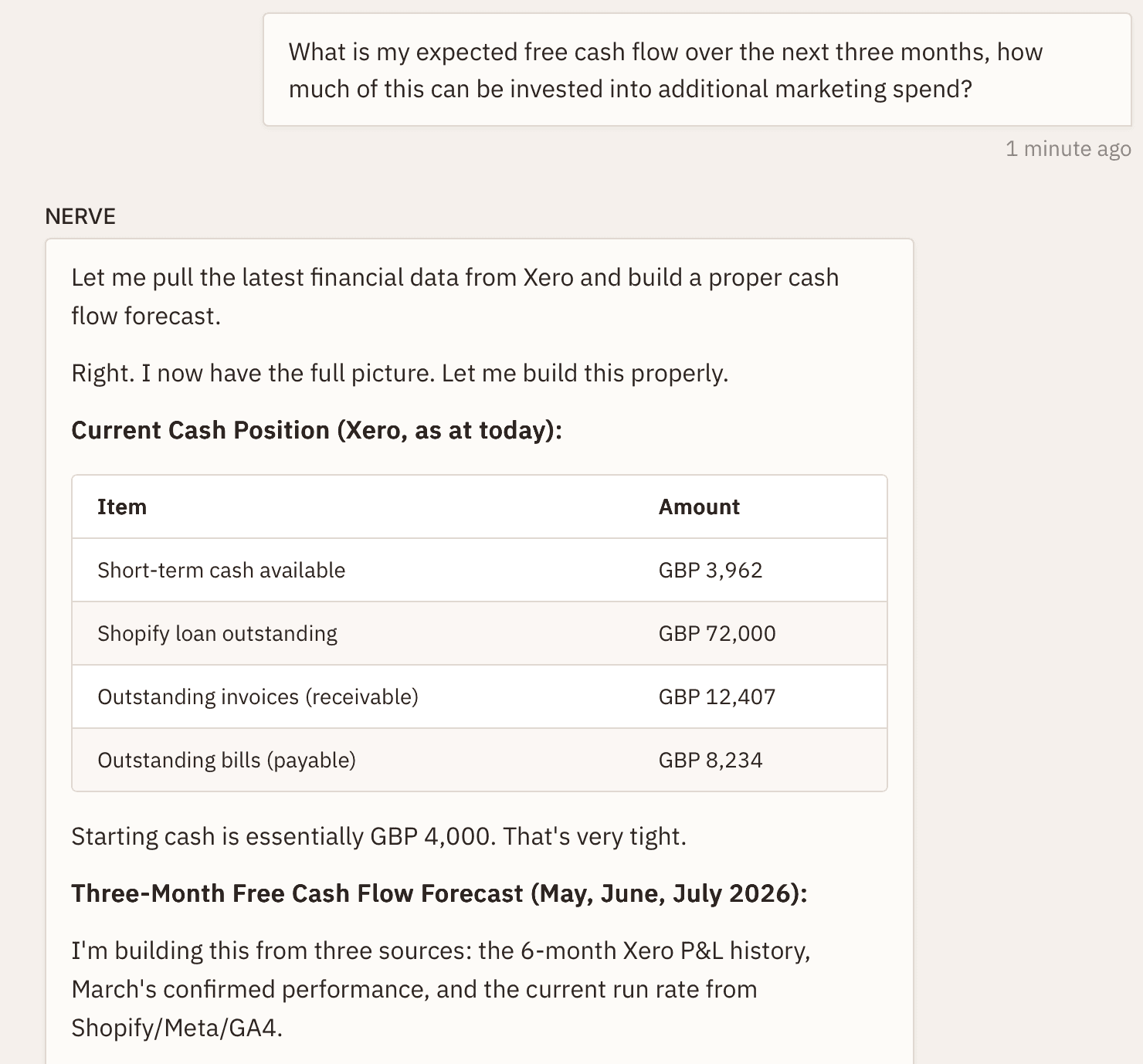 Nerve answering a cashflow question using live Xero data